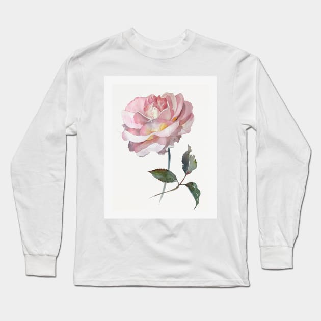 Pink delicate rose hand painted watercolour by Leanne Long Sleeve T-Shirt by LeanneTalbot